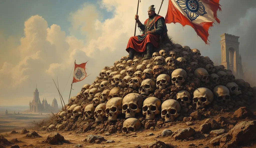 genghis khan sitting on a big pille of human skulls