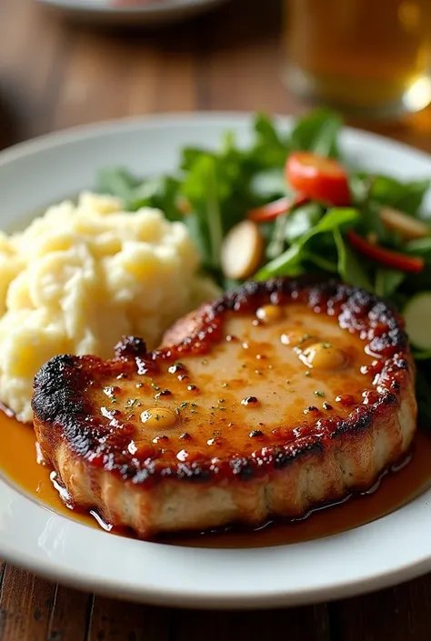 Honey garlic buttered porkchop with cascade salad and mashed potatoes 