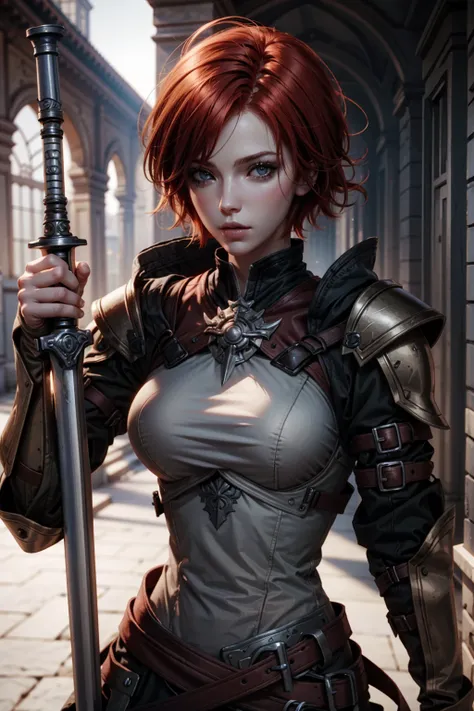 LelianaDA, 1girl, solo, weapon, sword, red hair, short hair, blurry background, breasts, blurry, realistic, armor, medium breasts, lips
