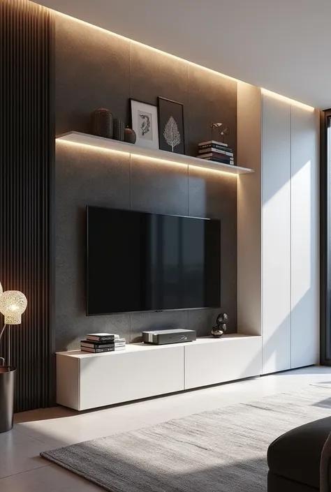 Professional 3d architecture rendering design of modern and minimal and Italian design for  elegant TV wall with Italian white crystal and With dark grey stone for under closet  and dark silver metal and modern elegant   Italian accessories and modern  and...