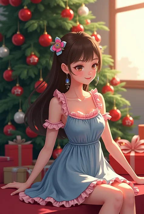   Uma wearing a Hello Kitty-style blue dress with pink ruffles , sitting in front of a Christmas tree with red ornaments  .