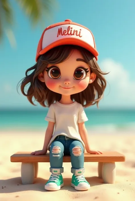 This is a 3D rendering of a cute, chibi-style girl Shes wearing a baseball cap with her name "Melanie"on it, a shirt, ripped jeans, and green Nike sneakers. Shes sitting on a small wooden bench in front of a sleek, the background is on the beach. The overa...