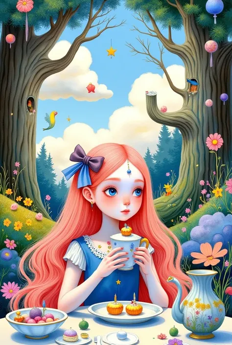  A young beautiful woman in the style of Alice in Wonderland ,   is sitting at a tea table in the middle of a beautiful forest and blooming garden,   beautiful trees and flower bushes around ,  in her hands, she holds a beautiful porcelain mug ,  There is ...