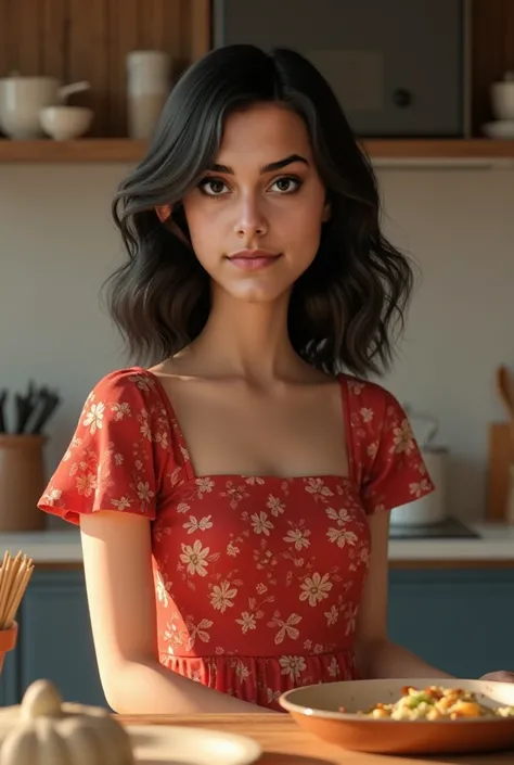   Real human photo, Fika is a young woman with shoulder length  wavy  black hair and fair skin. She has well-defined eyebrows, large black eyes,  . Wearing Plain red flower motive homedress., seltanding and cooking at the kitccen . Real human photo facing ...