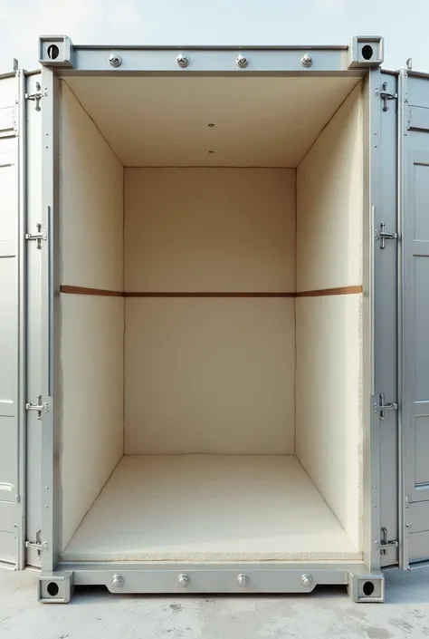 a standard 10ft container with 3 inch stone wool insulation iside and 4 inch stone wool insulation outside. doors are opened so that empty inside visible . outer is covered with ivory white aluminium thin sheet 