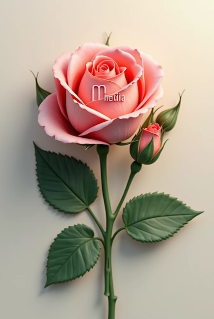 A rose flower with leaves and buds that have not fully bloomed. The word ["M Media"] is written on the front of the logo . Create 3d logo