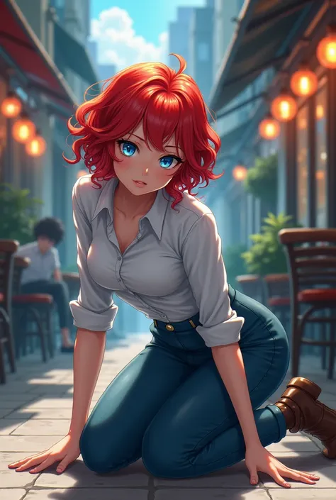 Red-haired girl blue eyes firm secretary on knees Fitt slim anime curly hair short missing boyfriend male doctor for coffee