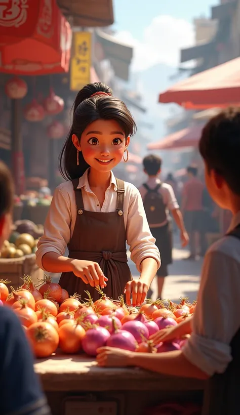 An onion seller is in the shop with many customers. The seller is smiling and talking politely with them while measuring onions."