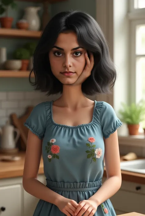   Real human photo, Fika is a young woman with shoulder length  wavy  black hair and fair skin. She has well-defined eyebrows, large black eyes,  . Wearing blue  flower motive homedress., seltanding and cooking at the kitccen . Real human photo facing forw...