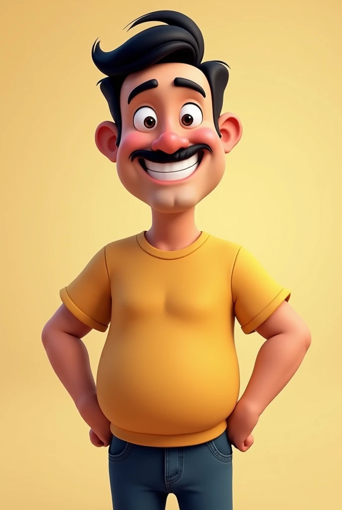 50 year old man with black very short hair, balck eyes, smiling brightly, hands on his waist, a little fat belly. A little dark in complexion. He has a black moustache above his lip. Make an animated picture not a realistic one