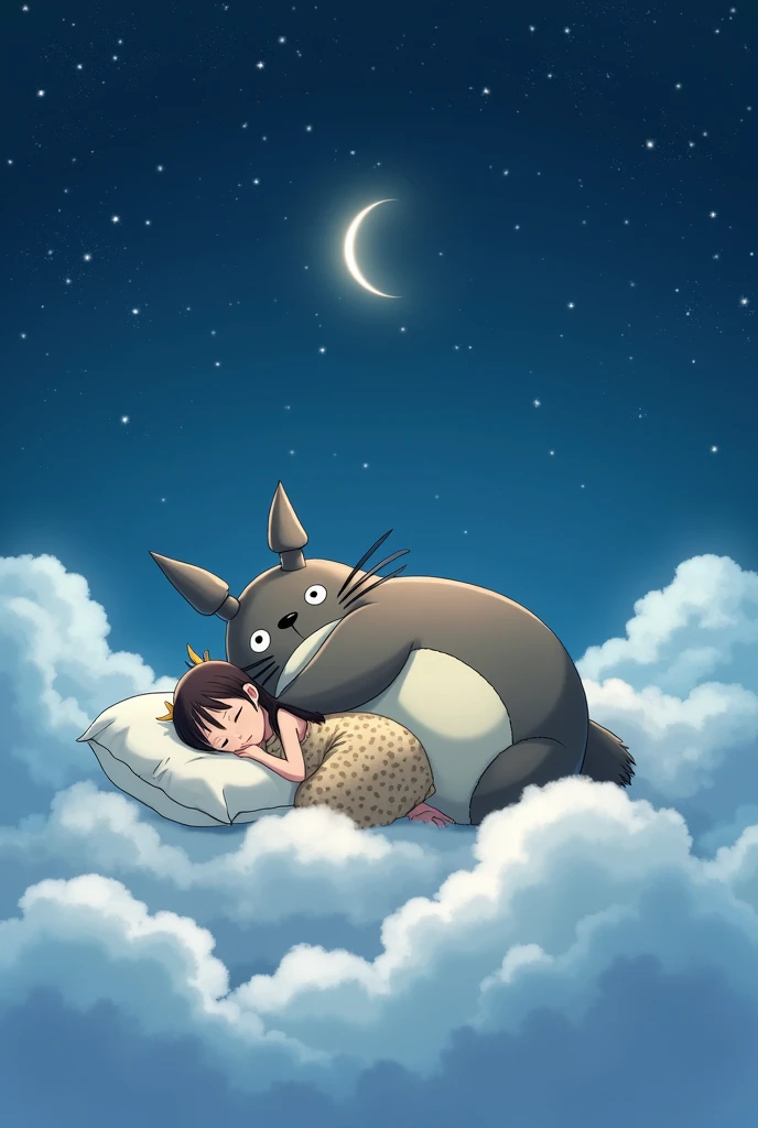 Totoro　雲の上でTotoroが枕を抱えて寝ている　Totoroに寄りかかってメイが寝ている　 deformed　The background is a starry sky　night　 crescent　