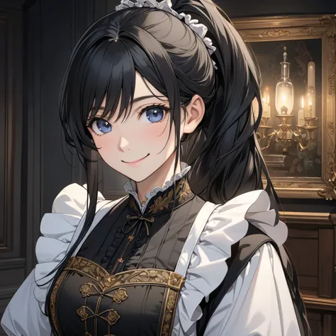 high definition ,  anatomically correct,  high detail, smile,  close your mouth, Long Hair,  black hair,European style costume,night, in the room,Character portrait, ponytail,apron