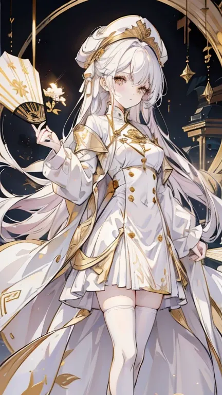 beautiful long white hair, stunning golden eyes, Beautifully designed white folding fan, Bailongjiao, elegant lighting, pastel color palette，White military uniform and gold trench coat，white stockings