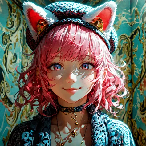 fake  animal ears ,  smiles lightly, earbush , tooth,  Pink Hair, bangs, Curly hair,  Side Blade , halo, beret,  animal ears , cat ears,  surrealism ,  drop shadow, Anaglyph,   Stereogram  , Character portrait, throw, Atmospheric Perspective, 8k,  super de...