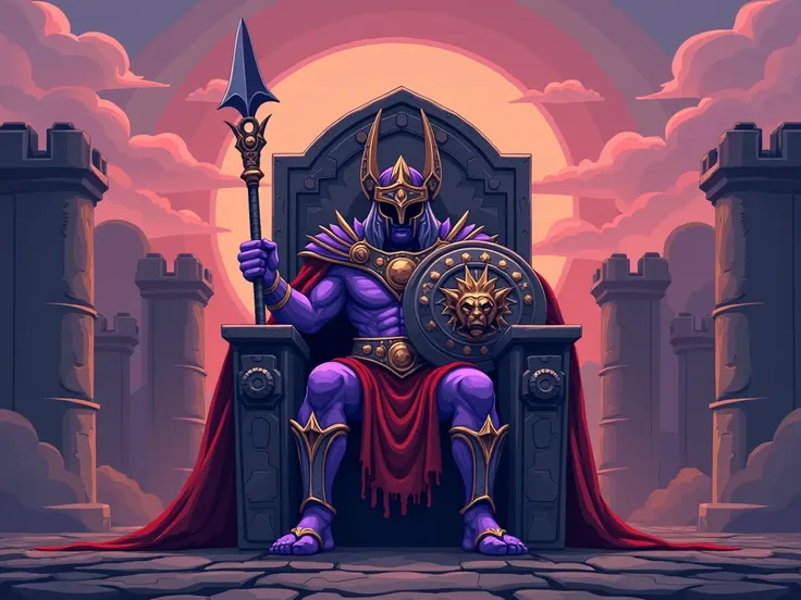 generate an image of sol heredit sitting on his throne, he is from oldschool runescape watching some ultimate ironmans coming to fight him, make him look like the oldschool runescape pixel art style, add the fortis colosseum landscape in the background, lo...