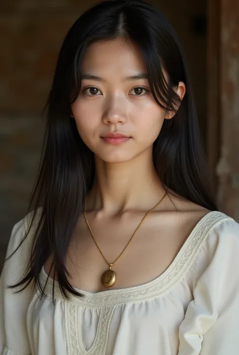 A photorealitic ultrahigh quality, a  half Chinese half Russian young peasant woman from the 1500s, in a relaxed pose. She has smooth pale skin, straight inky black hair and warm brown eyes. She is dressed modestly and simply in a white dress.She has a del...