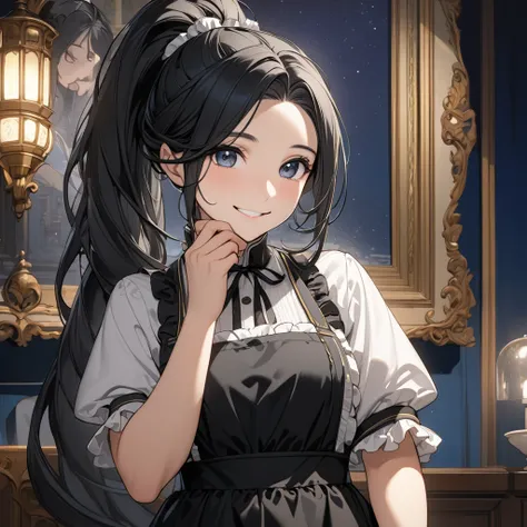 apron,high definition ,  anatomically correct,  high detail, smile,  close your mouth, Long Hair,  black hair,European style costume,night, in the room,Character portrait, ponytail,