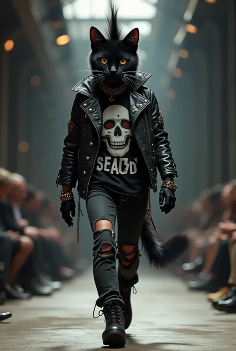 A black cat with spiked fur styled into a mohawk, wearing a leather jacket with studs, ripped jeans, and a band tee. It accessorizes with a spiked collar and chain bracelets as it stalks down the edgy runway.
