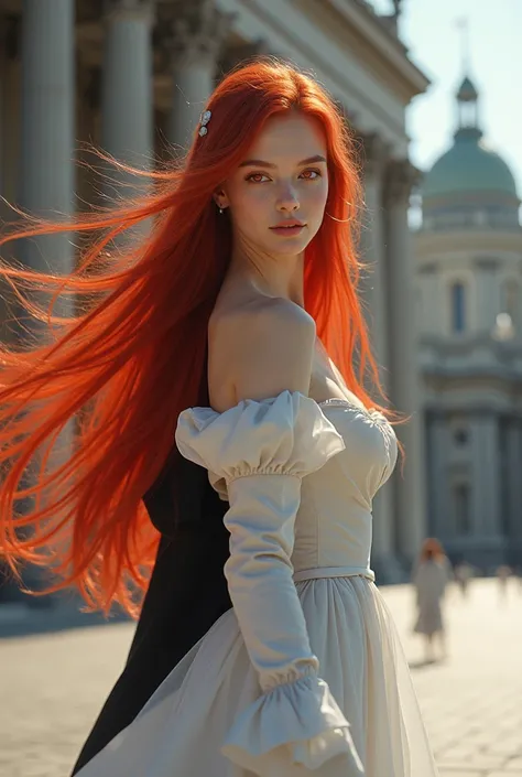 ((masterpiece,best quality)),8k wallpaper,1girl, long hair, red hair, solo, dress, red eyes, looking at viewer, long sleeves, standing, building, white dress, gloves, hair ornament, black jacket, smile, floating hair, dutch angle, closed mouth, looking awa...