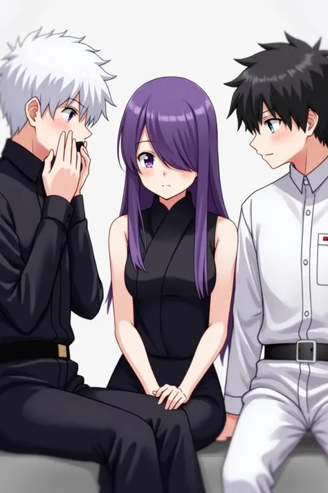 {{1first person, a boy, ((toge Inumaki (jujutsu kaisen) white hair, purple eyes, his mouth covered with his uniform, black jujutsu tech uniform, he sitting in the left side) , {{2second person, a girl (purple hair), purple eyes, dark black uniform without ...