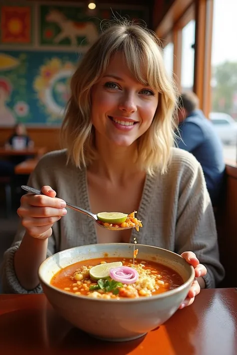 Realistic Taylor Swift eating pozole