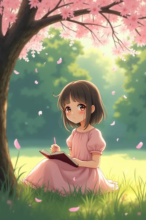 

: "A quiet, sunny meadow surrounded by trees. A cute girl with big, sparkling eyes, wearing a pastel pink dress, is sitting under a cherry blossom tree, writing in her diary. Her expression is dreamy as she looks up at the petals falling around her."


W...