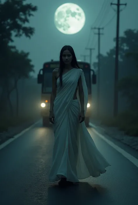 "A mysterious girl in a flowing white sari standing motionless in the middle of a dark road, illuminated by faint moonlight, with a bus sding to a halt in the background. The atmosphere is tense and unsettling."