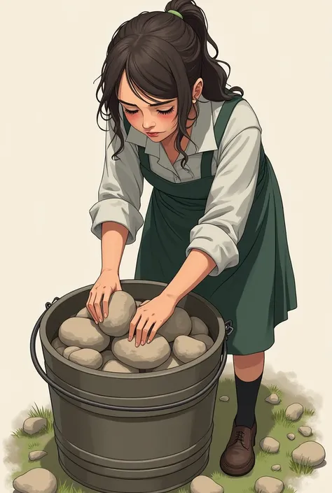 
The teacher(madam)  placing large rocks into the bucket, filling it halfway.