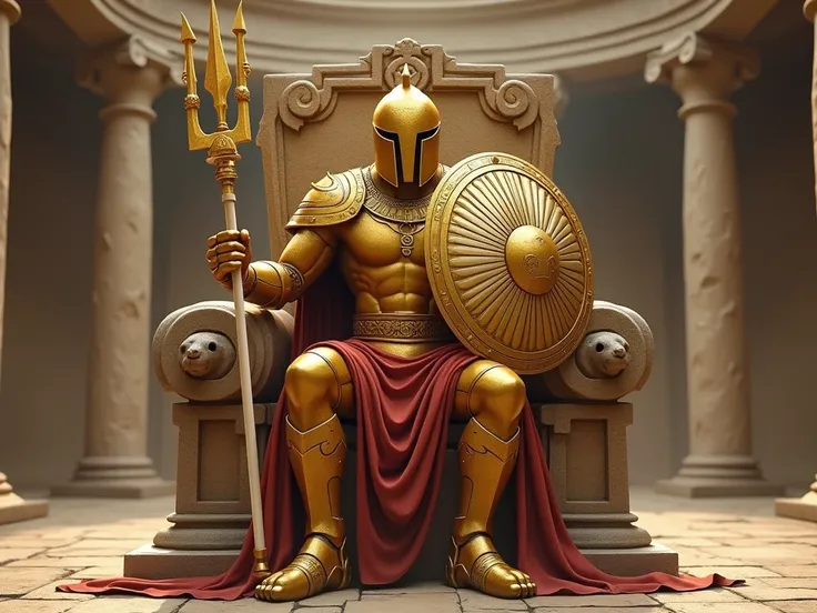 generate a gold golem fighter, he is the champion of a colosseum, his helmet and shield resembles of the rising sun of varlamore from oldschool runescape, he is sitting on a throne of stone with carved lions, he held a white trident with golden points, his...