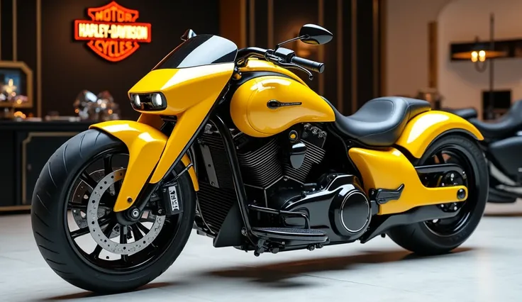 Realistic of futuristic 2025 Harley Davidson road king with modification good looking neat yellow colour full body angle view parked in the showroom show name on background and give me excellent results 