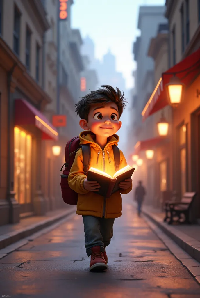 Young Pixar style, with BACKPACK walking through the city streets ,HE WALKS WITH THE BIBLE IN HIS HAND AND IT ILLUMINATES HIS STEPS 