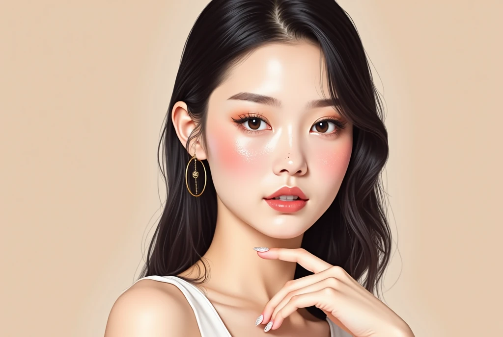 , beautiful eyelashes with double eyes, parallel eyebrows, thin eyebrows, Korean idol
The profile of a young white woman who looks like that shows through her skin is satin white with simple small gold hoop earrings
Skin with thin, thin peach pink beige li...