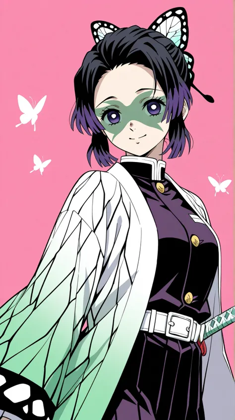 Shinobu Kocho from Demon Slayer, depicted with serene elegance and a gentle smile. Her butterfly-themed haori drapes gracefully over her slender figure, blending shades of purple, pink, and mint green. Her short, wavy black hair is adorned with a butterfly...