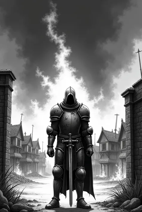  Black and white manga style ,  draw a knight standing at the entrance of a village ,  conveying a deep sense of sadness,  The knight must be portrayed in damaged armor , with his sword behind his back ,  His expression must reflect and sadness ,  as if he...