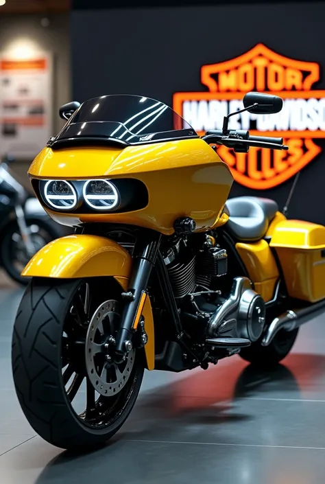 Realistic of futuristic 2025 Harley Davidson road king with modification good looking neat yellow colour full body angle view parked in the showroom show name on background and give me excellent results 