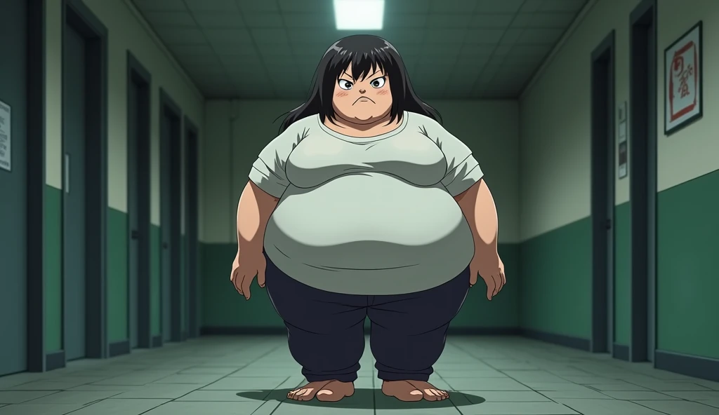 Anime, very Ugly, fat, and obese elementary school girl with a evil frowning face  wearing a blouse and pair of trousers, standing at the school corridor 