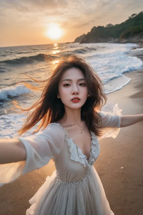 xxmix_girl,a woman takes a fisheye selfie on a beach at sunset, the wind blowing through her long dark blonde messy hair. The sea stretches out behind her, creating a stunning aesthetic and atmosphere with a rating of 1.2.,xxmix girl woman, wearing a moder...