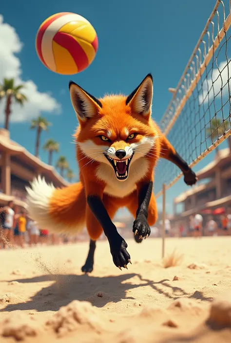 Angry fox about to cut the volleyball at a sand volleyball championship 
