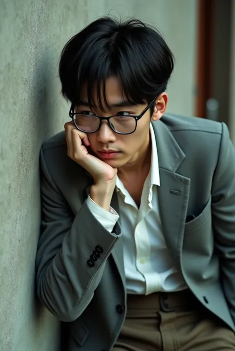 Japanese man, 20 years old, has short, side-parted hair that is neatly combed,Wearing cracked reading glasses,Wearing a gray alma mater jacket,Wearing a white formal shirt underneath,Leaning against,A typical Japanese quiet alley wall 