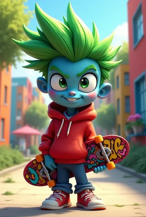 
> A cartoon character inspired by a mischievous young boy, featuring spiky green hair, blue skin, and a red oversized hoodie. He has large, expressive eyes, a quirk sly smile, and is holding a skateboard with graffiti designs. The scene is vibrant and pla...