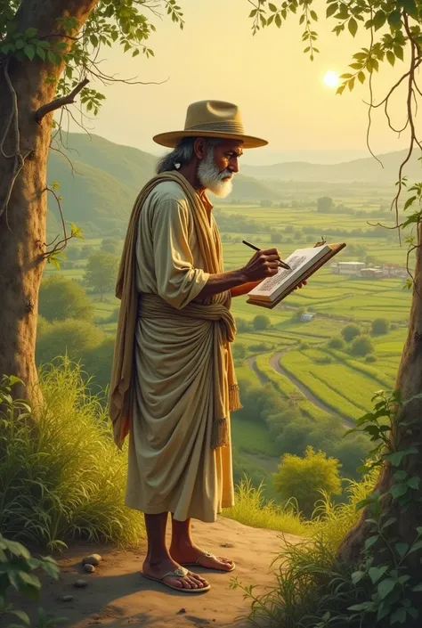 An indian old farmer standing, painting or sketching themed 