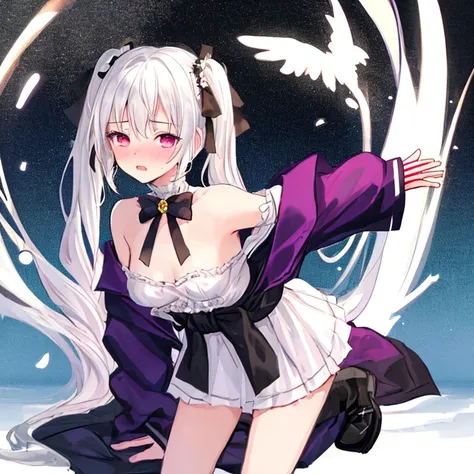 best quality,high resolution,1girl,looking at viewer,half closed eyes,white hair,twintails,embarrassed,small breasts,
off-shoulder top bare breasts,skirt,leaning forward,