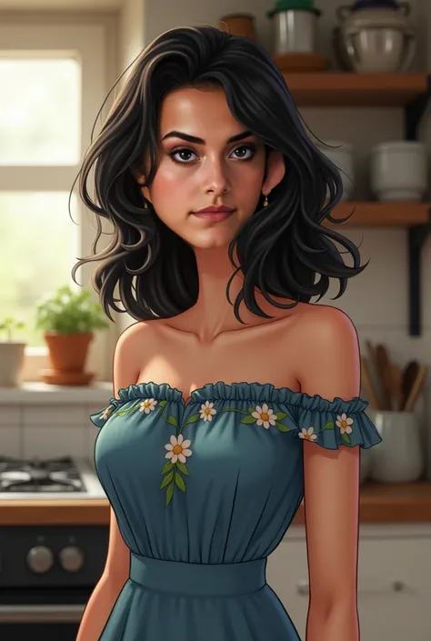   Realistic human photo, Fika is a young woman with medium body,  shoulder length  wavy  black hair and fair skin. She has well-defined eyebrows, large black eyes,  . Wearing blue  flower motive homedress., seltanding and cooking at the kitccen . Real huma...