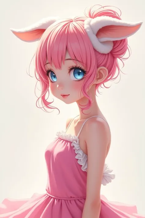 Beautiful female anime body, pink sheep-hair, cute face, light smile, blue eyes, white eyelashes, pink dress, full ear of bitter rabbit