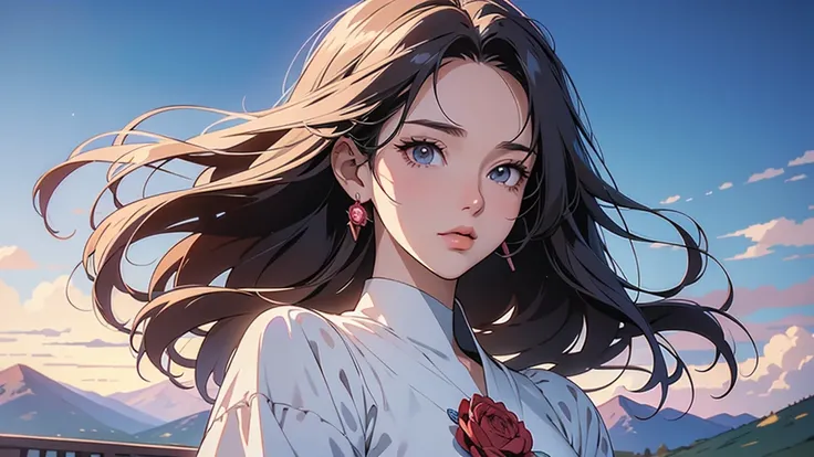 Pace Girl|  standing alone on a hill| Center| Precise and luxurious face | Anime Style|  key visual |  complex details|  high definition| Breathtaking|  lively|  panorama|  Movie-like | Carne Griffith| Connor Rosette| Ghibli