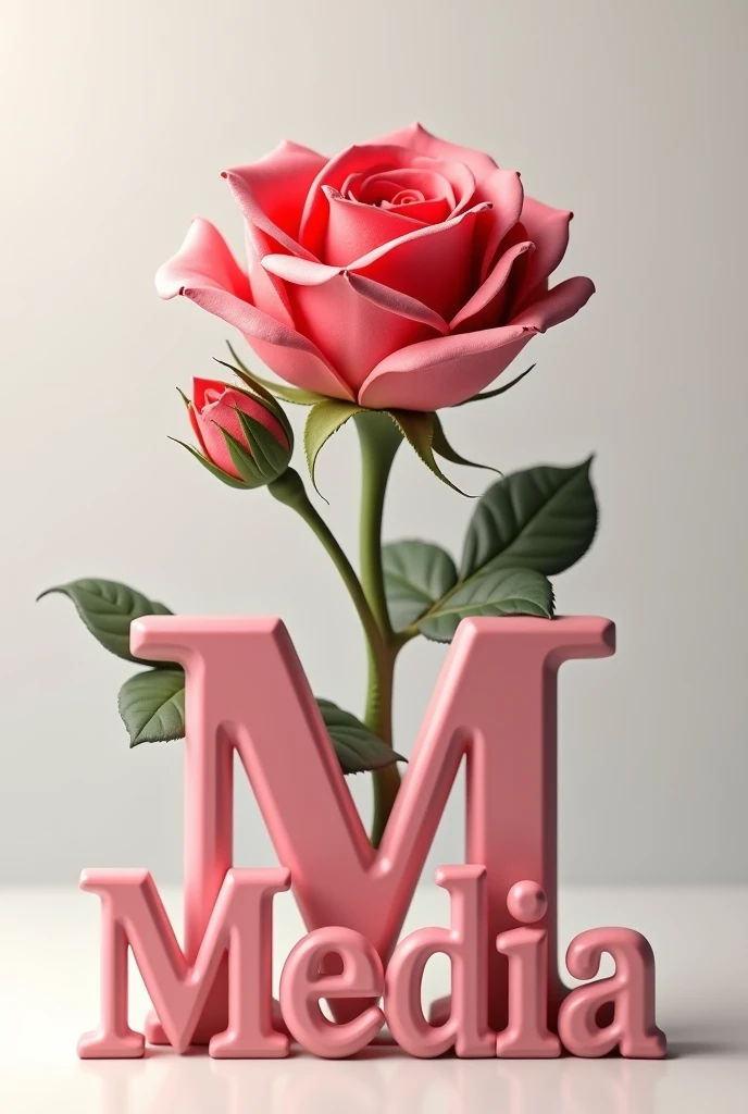 A rose flower with leaves and buds that have not fully bloomed. ["M Media "] is written on the front and bottom of the image. Create 3d image. The word [ M Media] is slightly capitalized. The first letter [M] will be in capital letter.