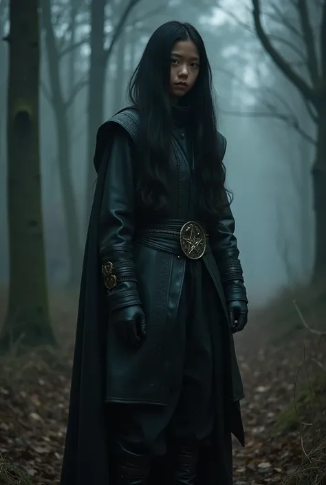 Live action tall Asian pre Teen boy with Very Long Flowing black hair, a Long Sleeved Leather Royal Warlock Outfit with Very Long Sleeves that Cover the palms, and Long Black Leather Gloves. And Baggy Pants with Boots. In a Dark, Dead Forest at an Evil Hor...