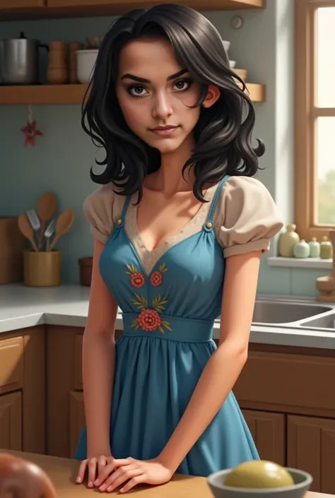   Realistic human photo, Fika is a young woman with medium body,  shoulder length  wavy  black hair and fair skin. She has well-defined eyebrows, large black eyes,  . Wearing blue  flower motive homedress., seltanding and cooking at the kitccen . Real huma...