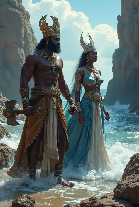   African Orixá Shangô wearing kings crown , dressed in brown and with an axe in his hand in a quarry. Orixá Iemanjá African lady with silver crown dressed in blue and white in the sea.