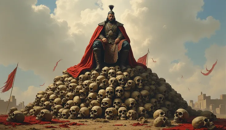 Genghis Khan sitting on a big pille of human skulls 